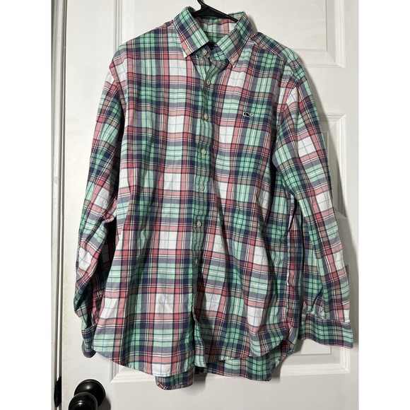 Vineyard Vines Whale Shirt Mens M Button Up Long Sleeve Gingham Plaid Preppy - Picture 2 of 7